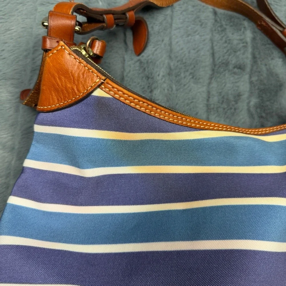 Dooney & Bourke Striped Canvas Hobo Bag Blue Purple Leather Trim Shoulder Bag